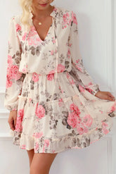 beige floral ruffle mini dress